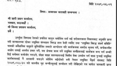 गृह मन्त्रालयद्वारा लघुवित्तविरुद्धका ‘संघर्ष समिति’लाई कारबाही गर्न पत्राचार